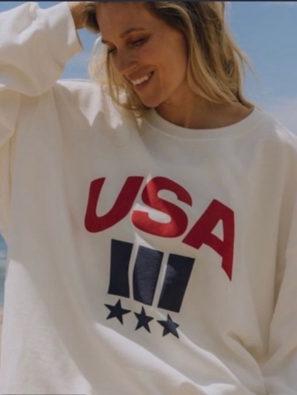 Daily Drills Cream Crewneck Sweatshirt with Red & Navy USA Graphic
